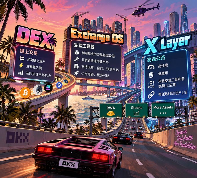A vibrant retro-futuristic illustration promoting OKX features: DEX, Exchange OS, and X Layer, depicting a neon cityscape with a sports car on a highway and Bitcoin/Ethereum logos.