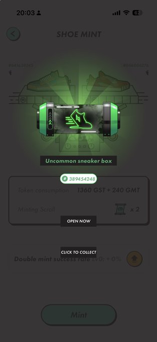 A 'SHOE MINT' interface for an uncommon sneaker box, showing token consumption of 1360 GST + 240 GMT, a timer at 389454248, and a Mint button at the bottom.