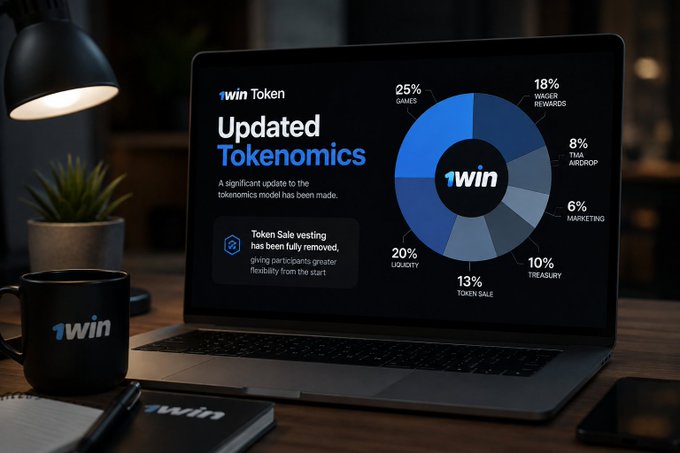 Laptop displaying '1win Token Updated Tokenomics' with a pie chart showing percentages including 25% Games, 20% Liquidity, 18% Wager Rewards, 13% Token Sale, 10% Treasury, 8% TMA Airdrop, and 6% Marketing.