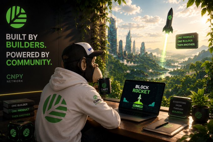 The image shows a person wearing a CNPY Network hoodie and cap working on a laptop displaying "BLOCK ROCKET," with a futuristic cityscape and launching rocket visible through the window, alongside "BUILT BY BUILDERS. POWERED BY COMMUNITY." text. The scene visually reinforces the post's message about ecosystem growth, depicting a community-driven builder launching innovative projects like Block Rocket within the CNPY Network ecosystem.