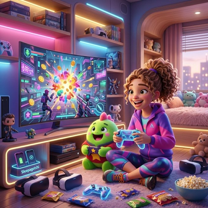 A girl sits cross-legged on a fluffy rug, smiling as she plays a colorful, coin-filled shooter game on a neon-lit TV, with her green Sleepagotchi plush companion beside her. The scene includes VR headsets, gaming controllers, snacks, and a charging dock labeled "Sleepagotchi" and "Sleepagootchi," capturing the fun, web3-powered gaming vibe of the post.