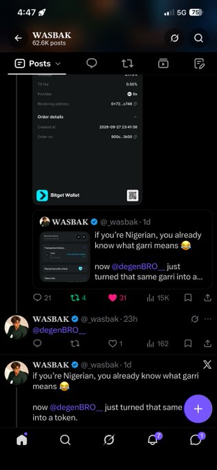 A screenshot of an X (Twitter) timeline showing posts from 'WASBAK' (@_wasbak) discussing turning 'garri' into a token, with cryptocurrency transaction details visible.