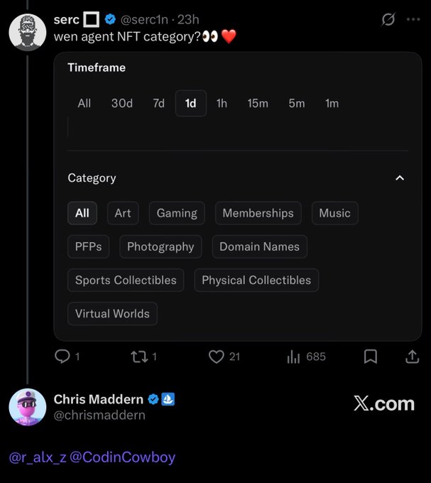 A tweet from @serc1n asks "wen agent NFT category?" showing an OpenSea-style interface that displays available categories like All, Art, Gaming, Memberships, Music, PFPs, Photography, Domain Names, Sports Collectibles, Physical Collectibles, and Virtual Worlds—but notably lacks an "Agents" category, highlighting the need for AI agent NFTs to have a dedicated marketplace classification.