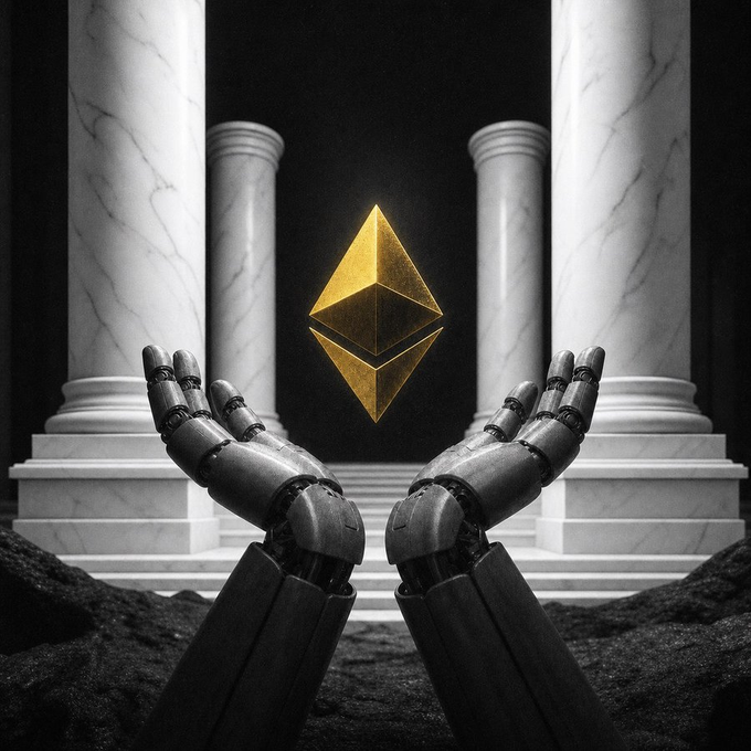 Two robotic hands holding up a glowing Ethereum (ETH) logo in front of classical marble columns. The image symbolizes the celebration of Ethereum's 11th birthday, with the logo representing the "something" being believed in.