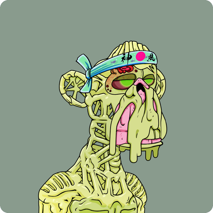 The image features a cartoon depiction of a monster with a green body, yellow face, and pink tongue. The monster has a blue headband and appears to be wearing a white bandana. It also has a large nose and mouth, giving it a unique appearance. The monster is depicted in a 3D style, making it look like a real-life creature.

The image is accompanied by a post on the internet that reads: "Mutant #6687 Bought for 1.6 ETH 0x52f3...995b 0xCE83...3e8d etherscan.io/tx/0x26ed27452 ... Return to Monke: opensea.io/collection/mut ... mutants are insane". The post seems to be discussing the monster depicted in the image, possibly as a collector's item or an interesting piece of art.