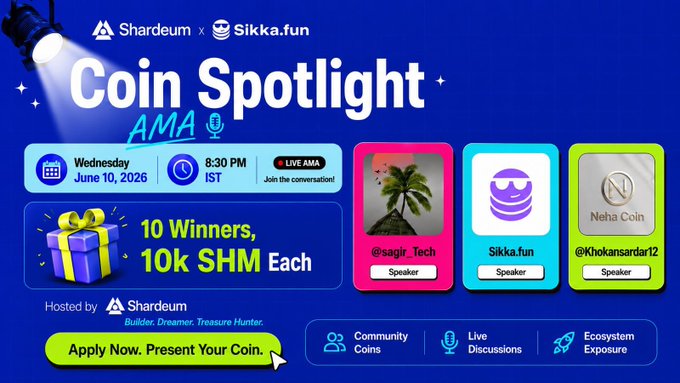 The image features a blue banner with white text that says "Coin Spotlight AMA" at the top. Below this, there are three different images of coins displayed, each accompanied by a description or title related to them. The first coin has a green background and is labeled "Sikka.Fun". The second coin has a pink background and is labeled "Hackathon Coin". The third coin has a purple background and is labeled "Hackathon Coin". 

The text in the image provides information about the coins, such as their names or descriptions. It also mentions that there are ten winners of the Coin Spotlight AMA event who have received 10,000 SHM each. Additionally, it highlights that the event is hosted by the cryptocurrency exchange Sikka.fun and that the post has been shared on social media platforms like Twitter and Instagram.