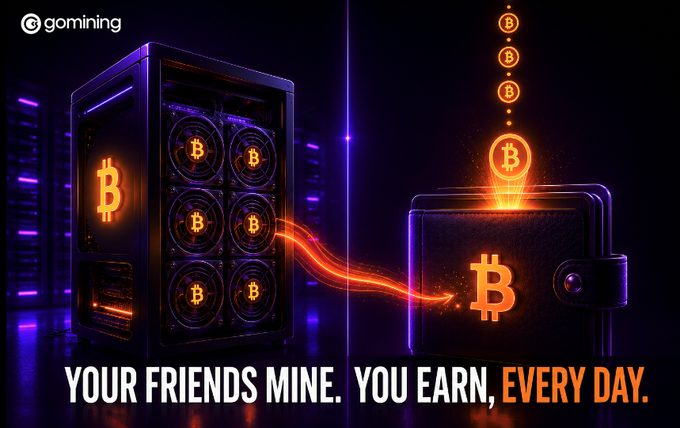 Advertisement for gomining displaying a Bitcoin mining rig on the left transferring Bitcoin to a wallet on the right, with the tagline "YOUR FRIENDS MINE. YOU EARN, EVERY DAY."