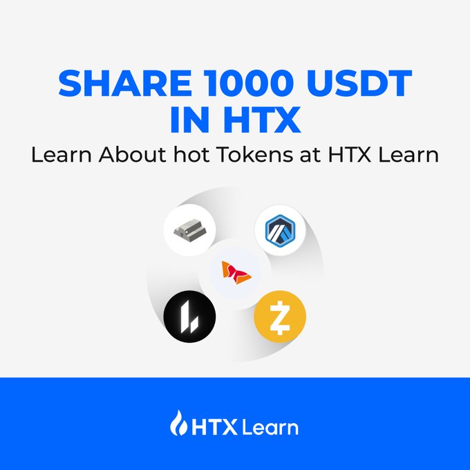 An HTX Learn promotional graphic advertising 'SHARE 1000 USDT IN HTX' featuring cryptocurrency token icons and the HTX Learn logo.