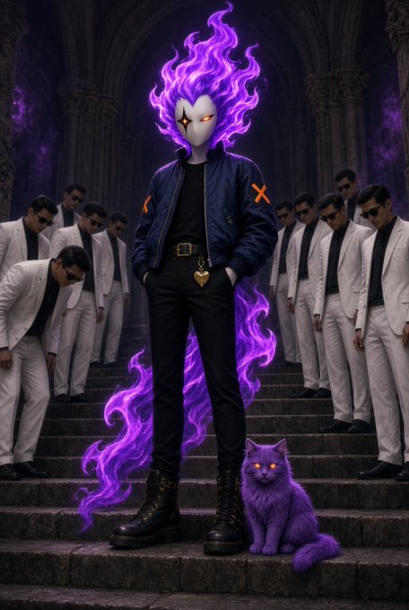 A figure with a white mask and purple flame-like hair stands on stone steps surrounded by men in white suits, accompanied by a purple cat.