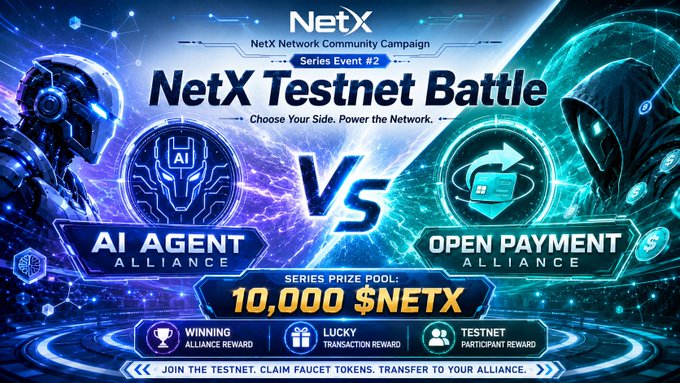 Promotional banner for the 'NetX Testnet Battle' (Series Event #2), a NetX Network Community Campaign pitting 'AI Agent Alliance' vs 'Open Payment Alliance' with a 10,000 $NETX prize pool.