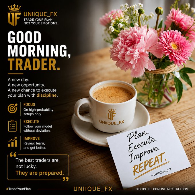 A motivational graphic for 'UNIIQUE_FX' reads 'GOOD MORNING, TRADER' and 'Plan. Execute. Improve. REPEAT.' alongside an image of a coffee cup and pink flowers.