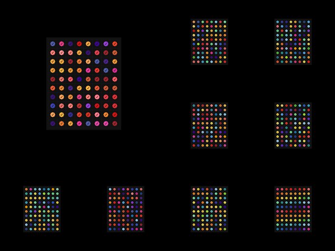 Multiple small panels display grids of colorful dots on dark backgrounds, with one larger panel showing similarly arranged colored circles in the upper left corner.