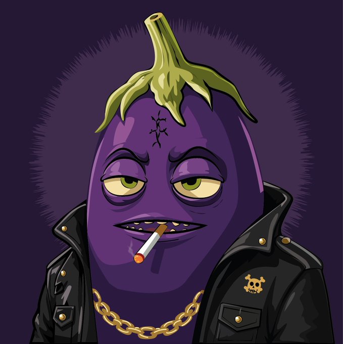 An illustration of a purple eggplant character with a marijuana leaf on top, wearing a leather jacket and gold chain while smoking a cigarette.