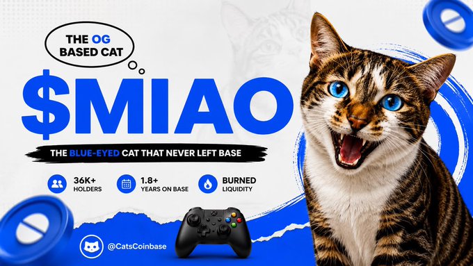 A promotional image for the cryptocurrency $MIAO, featuring a blue-eyed tabby cat, the tagline 'THE OG BASED CAT' and 'THE BLUE-EYED CAT THAT NEVER LEFT BASE', and stats showing 36K+ holders and burned liquidity.