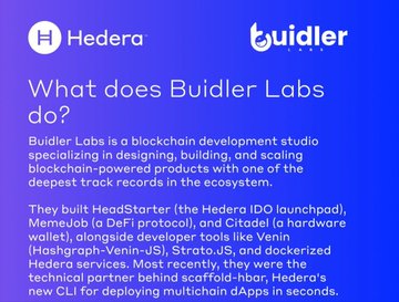 An informational graphic with a purple background featuring Hedera and Buidler logos, explaining that Buidler Labs is a blockchain development studio that built HeadStarter, MemeJob, and Citadel, alongside VEIN services like scaffold-hbar.