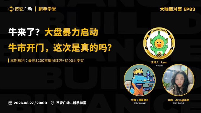 This image is a promotional flyer for a Binance Square livestream event, titled "牛来了？大盘暴力启动 牛市开门，这次是真的吗？" (Is the bull here? Market violent launch, Bull market opens, is this real?), hosted by Lynn with guests 暴躁菲哥 and Arya@羊娃, scheduled for August 27, 2026 at 8:00 PM, coinciding with the post's announcement of the 8 PM event.