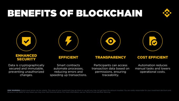 An infographic illustrating the "Benefits of Blockchain" with four key advantages: Enhanced Security (cryptographic data protection), Efficiency (smart contracts), Transparency (traceable transaction data), and Cost Efficiency (automation reducing manual tasks). The image visually supports the post's question "Why blockchains?" by outlining the technology's main value propositions in a clear, icon-driven format.