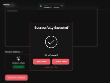 A dark-themed crypto dashboard displays a "Successfully Executed" confirmation popup with a checkmark icon, offering options to "Mint Tokens," "Transfer Tokens," or "Create a New Token," while a smaller notification at the top confirms "PAYMENT SUCCESSFUL"—matching the post's excitement about inscribing a new Bitcoin-based token.