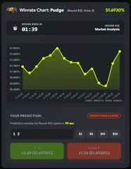 A mobile interface for 'Wirrato Chain Pulse' Round #12 shows a current value of $1.39 and Market Analysis of $1.69, with a candlestick price chart, prediction buttons for Yes at $1.49 and No at $1.28, and a 'Protection Locked' indicator.