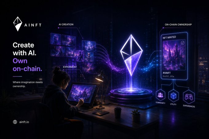 A promotional graphic for 'AiNFT' showing a person at a computer, with text 'Create with AI. Own on-chain.' and sections labeled 'AI CREATION,' 'EXPERIMENT,' and 'ON-CHAIN OWNERSHIP.'