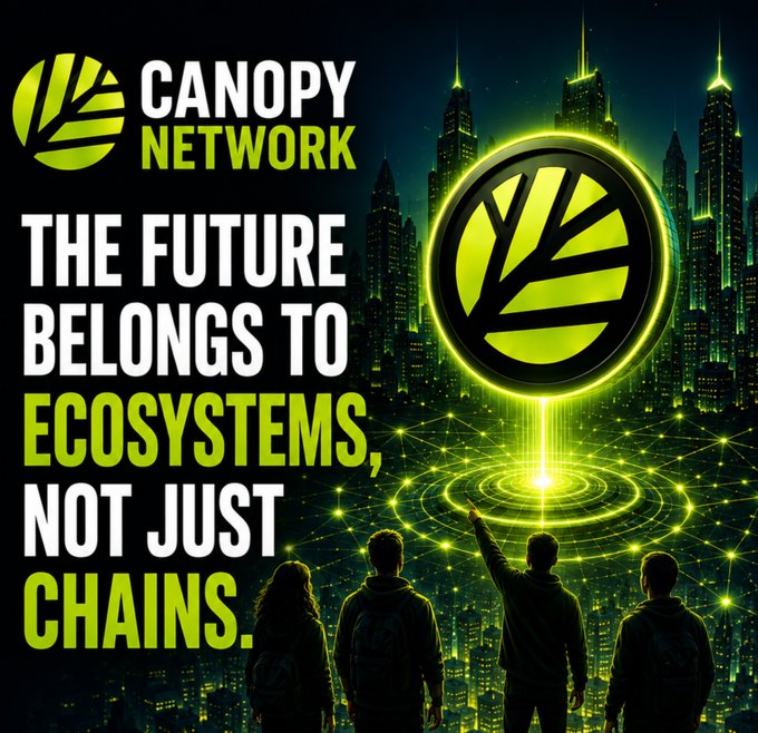 Canopy Network promotional image with the tagline 'THE FUTURE BELONGS TO ECOSYSTEMS, NOT JUST CHAINS,' featuring four silhouetted figures looking at a glowing green logo against a futuristic cityscape.