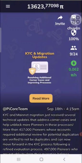 A mobile screenshot of a Pi Network app showing 13623.7098 π balance, displaying KYC & Migration Updates from PiCoreTeam dated Sep 18th.