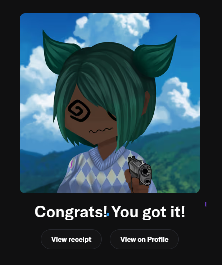 A cartoon avatar with green hair styled in buns, dark skin, and a swirly/queasy expression holds a small handgun in front of a mountainous backdrop with the text "Congrats! You got it!" below, indicating a successful NFT claim. The image connects to the post about receiving a free mint from Doll Club NFT on Robinhood.