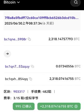 A Bitcoin transaction screenshot dated 2025/06/30 showing a transfer of 2,318.1475793 BTC between addresses, with Chinese text indicating fees and block information.