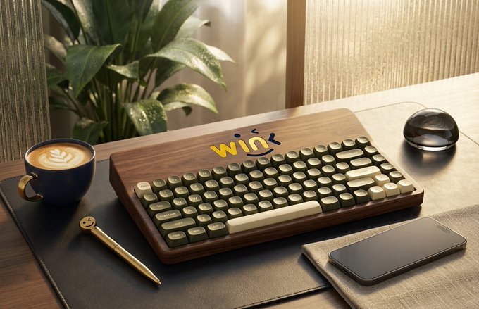 A wooden retro-style keyboard with green and cream keys sits on a desk next to a coffee mug with latte art, a smartphone, and a plant.