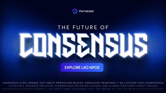 A promotional banner for "Portal dot" with the headline "THE FUTURE OF CONSENSUS" and a button reading "EXPLORE LAO NPOS", promoting their blockchain consensus system.