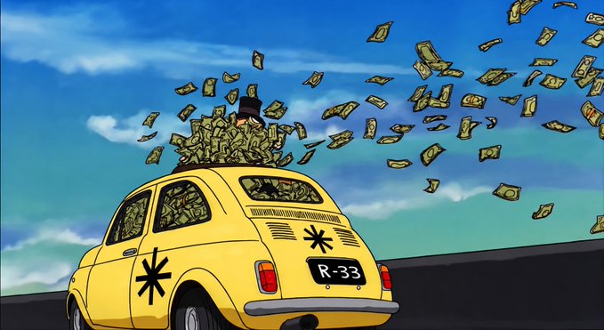 An animated cartoon scene of a yellow car with asterisk symbols on its side driving away, with money bills flying out of its open roof and floating into the sky. The license plate reads "R-33".