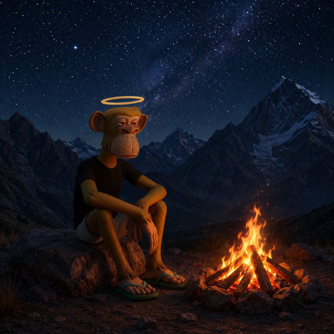 A contemplative cartoon monkey with a golden halo sits by a campfire beneath a starry mountain night sky.