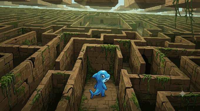 A blue cartoon dolphin stands in the middle of a vast, ancient stone maze overgrown with moss and vines.