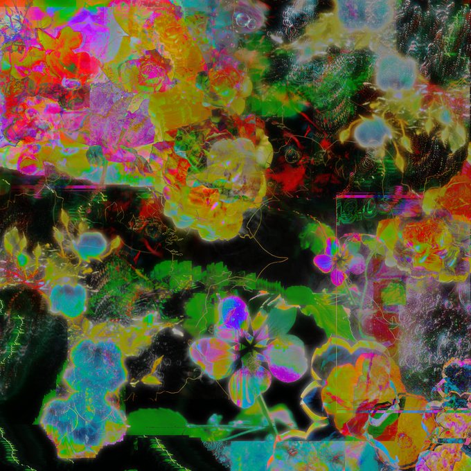 A vibrant, abstract digital artwork featuring a chaotic mix of bright colors, floral patterns, and glitch-like distortions.