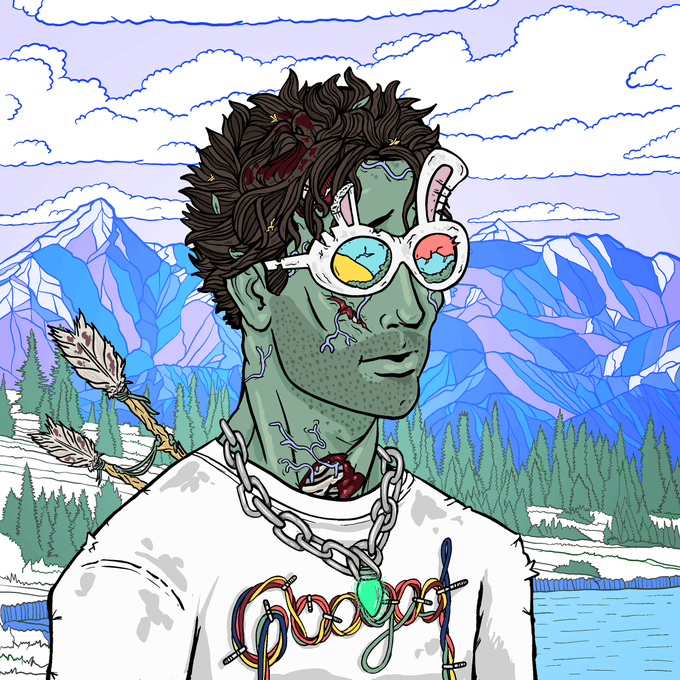 Digital illustration of a green-skinned, zombie-like character with rabbit ears, messy hair, and stitched wounds, wearing glasses and a chain necklace, set against a mountain landscape.
