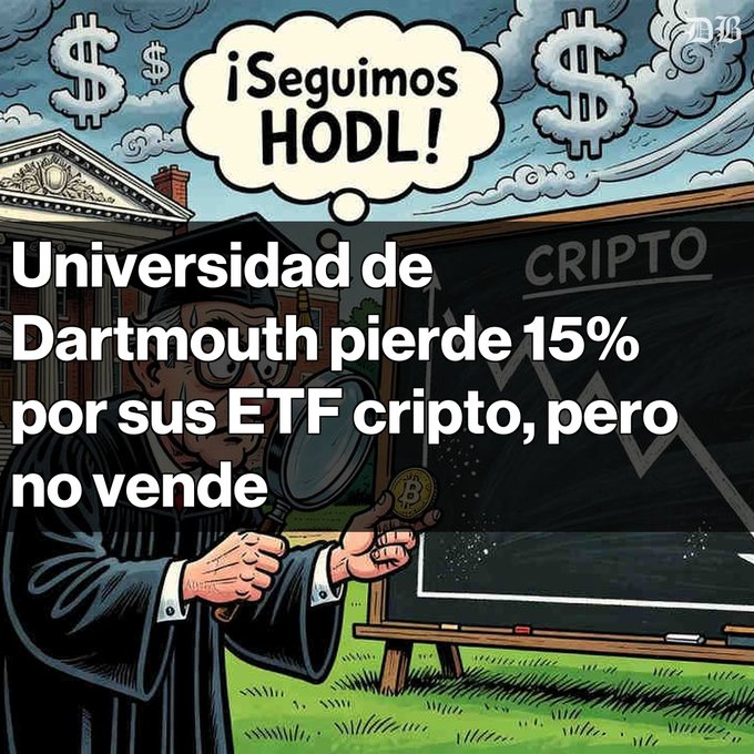 A cartoon illustration of a professor holding a Bitcoin coin with a thought bubble saying '¡Seguimos HODL!', overlaid with Spanish text about Dartmouth University losing 15% on its crypto ETFs but not selling.