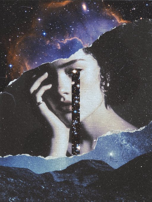 A surreal collage artwork featuring a woman's face merged with a starry galaxy sky and mountainous landscape.