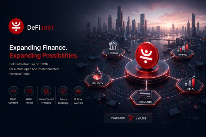 A promotional graphic for 'DeFiJUST' with the tagline 'Expanding Finance. Expanding Possibilities.' advertising DeFi infrastructure on TRON with features like Smart Contracts, Liquidity, and Yield.