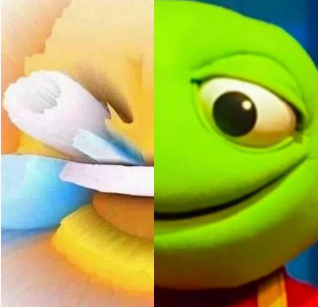 A split image showing abstract pastel art and a smug-looking green animated frog face, visually representing the crypto community's hypocrisy—once loudly hyping a launch but now silent as the token's market cap drops.