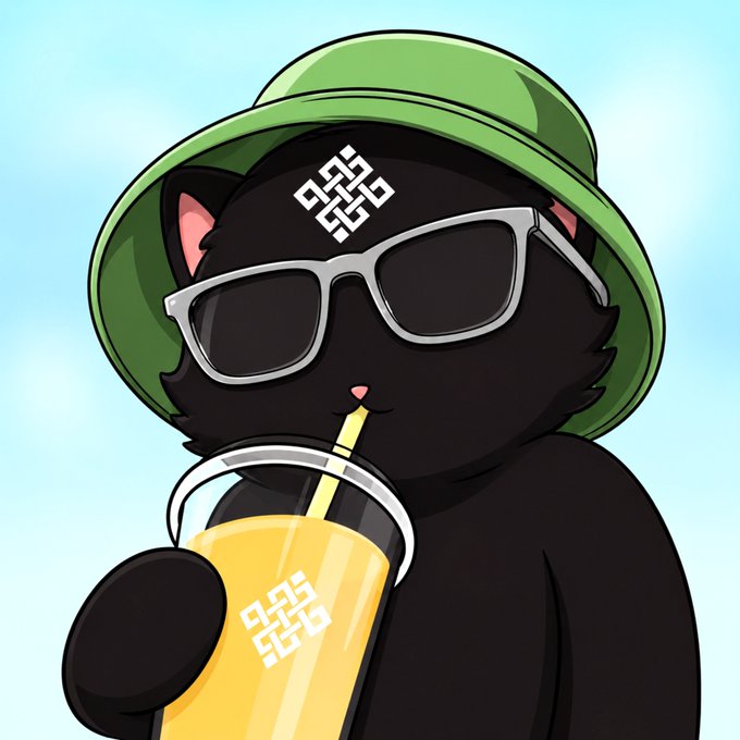An illustration of a black cat wearing a green bucket hat, sunglasses, and a headband with an endless knot symbol, sipping orange juice from a glass through a straw.