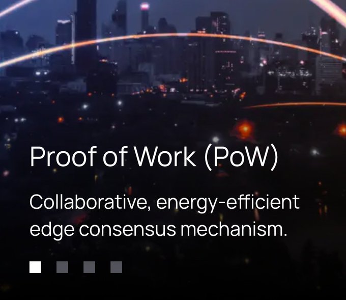 A cityscape at night with overlaid text reading "Proof of Work (PoW)" and "Collaborative, energy-efficient edge consensus mechanism," with four small indicator squares at the bottom suggesting a slide presentation. The image visually represents the post's message about Minima's decentralized, user-powered blockchain consensus, where ordinary devices like phones contribute lightweight proof-of-work rather than relying on centralized miners.