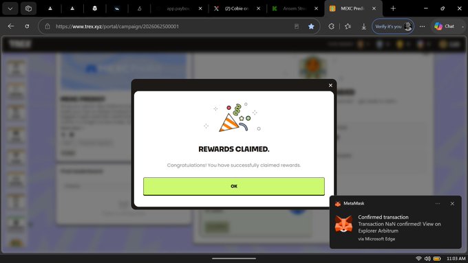 A screen capture from trex.xyz shows a 'REWARDS CLAIMED' confirmation popup with a MetaMask notification confirming a successful transaction on the Arbitrum Explorer.