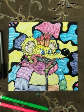 A hand-drawn illustration of a colorful, cartoonish monster with spiky fur and patchwork skin sits on paper surrounded by markers, created as a tribute to the @Monstersnft_ project using only traditional art tools with no digital shortcuts.