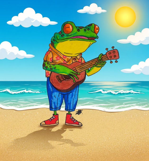 A colorful illustration shows an anthropomorphic frog wearing a Hawaiian shirt and jeans, playing a small guitar on a beach.