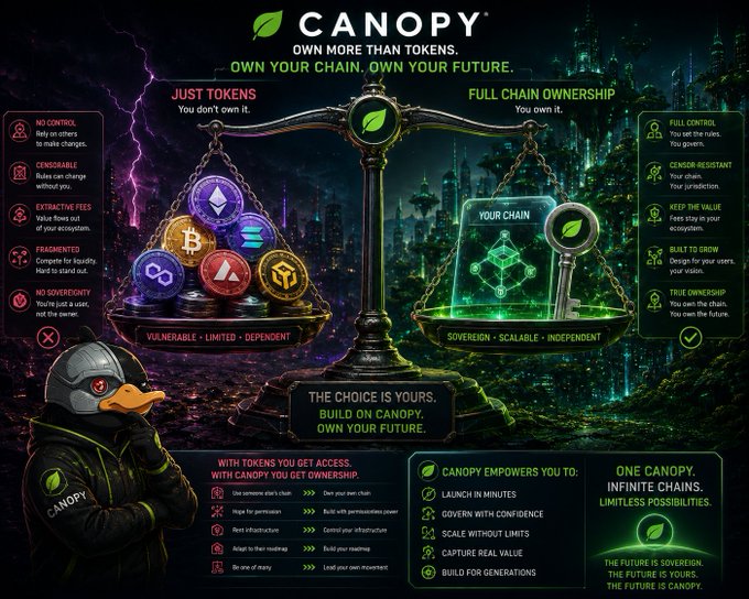A promotional graphic for 'CANOPY' blockchain, showing a balance scale weighing 'JUST TOKENS' (vulnerable, limited, dependent) against 'FULL CHAIN OWNERSHIP' (sovereign, scalable, independent) with a duck mascot wearing Canopy gear.