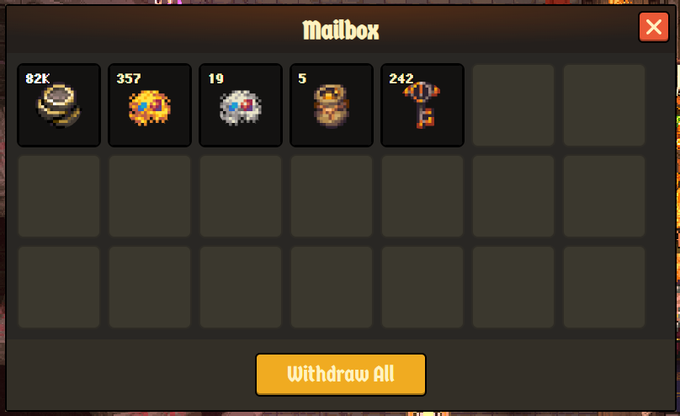 A video game interface showing a 'Mailbox' screen with various pixel art item icons and quantities (82K coins, 357 gems, 19, 5, and 242 keys) and a yellow 'Withdraw All' button.