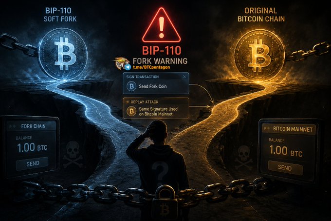 A graphic warning about a 'BIP-110 FORK' for Bitcoin, showing a split path between a 'BIP-110 SOFT FORK' chain and the 'ORIGINAL BITCOIN CHAIN,' both with a 1.00 BTC balance.
