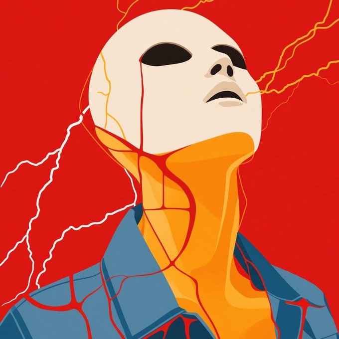 A surreal illustration of a figure with an exposed, skull-like head and a stretched orange neck, with red veins branching across a blue shirt against a vivid red background featuring yellow lightning bolts. The artwork's bold, visceral imagery and bleeding veins resonate with the post's praise for authentic, edgy web3 art.