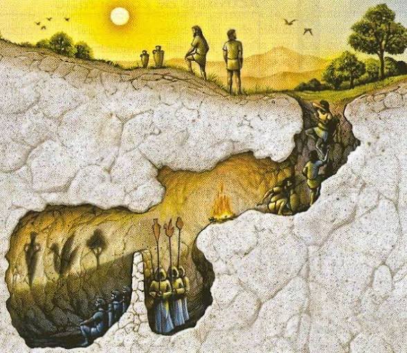 The image depicts a Plato's Allegory of the Cave-style scene, showing figures chained inside a cave watching shadows while others stand outside in the sunlight, symbolizing ignorance versus enlightenment. The accompanying post uses this metaphor to humorously suggest that crypto investors should stop clinging to low-value "9-figure" meme coins (shadows/illusions) and recognize the broader reality of the market.