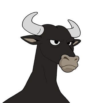 A cartoon illustration of a black bull with white horns and a stern expression.